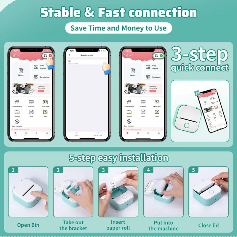 mini sticker printer bluetooth smart pocket inkless portable mini receipt printer for mobile phone